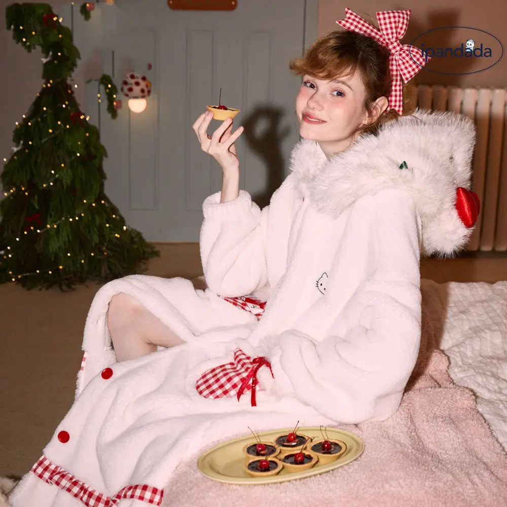 ハローキティ もこもこ 着る毛布 ロング丈 ルームウェア ふわふわ 暖かい ナイトガウン 可愛い ギンガムチェック 冬 部屋着 クリスマスギフト にも最適 レディース ID3428