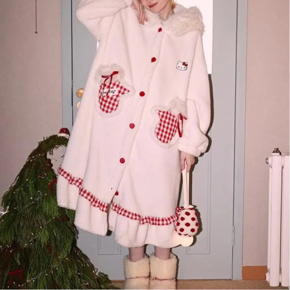 ハローキティ もこもこ 着る毛布 ロング丈 ルームウェア ふわふわ 暖かい ナイトガウン 可愛い ギンガムチェック 冬 部屋着 クリスマスギフト にも最適 レディース ID3428 写真通り / S