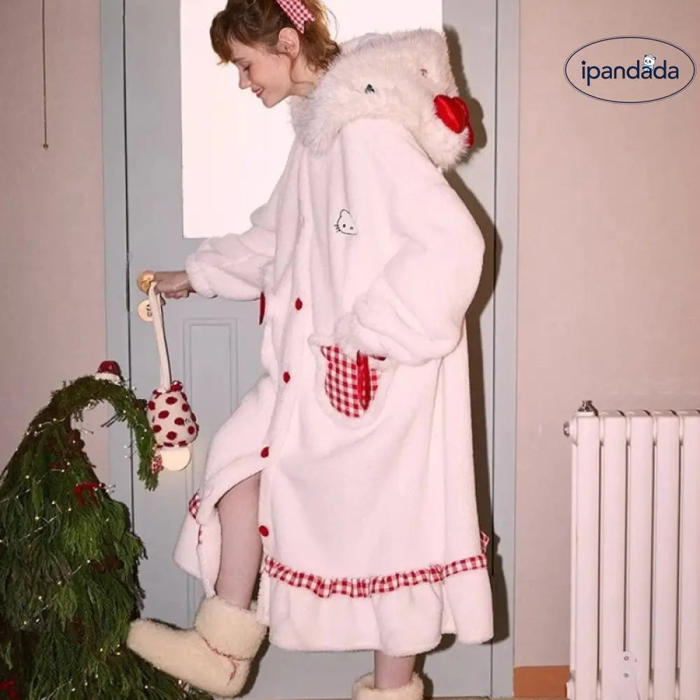 ハローキティ もこもこ 着る毛布 ロング丈 ルームウェア ふわふわ 暖かい ナイトガウン 可愛い ギンガムチェック 冬 部屋着 クリスマスギフト にも最適 レディース ID3428