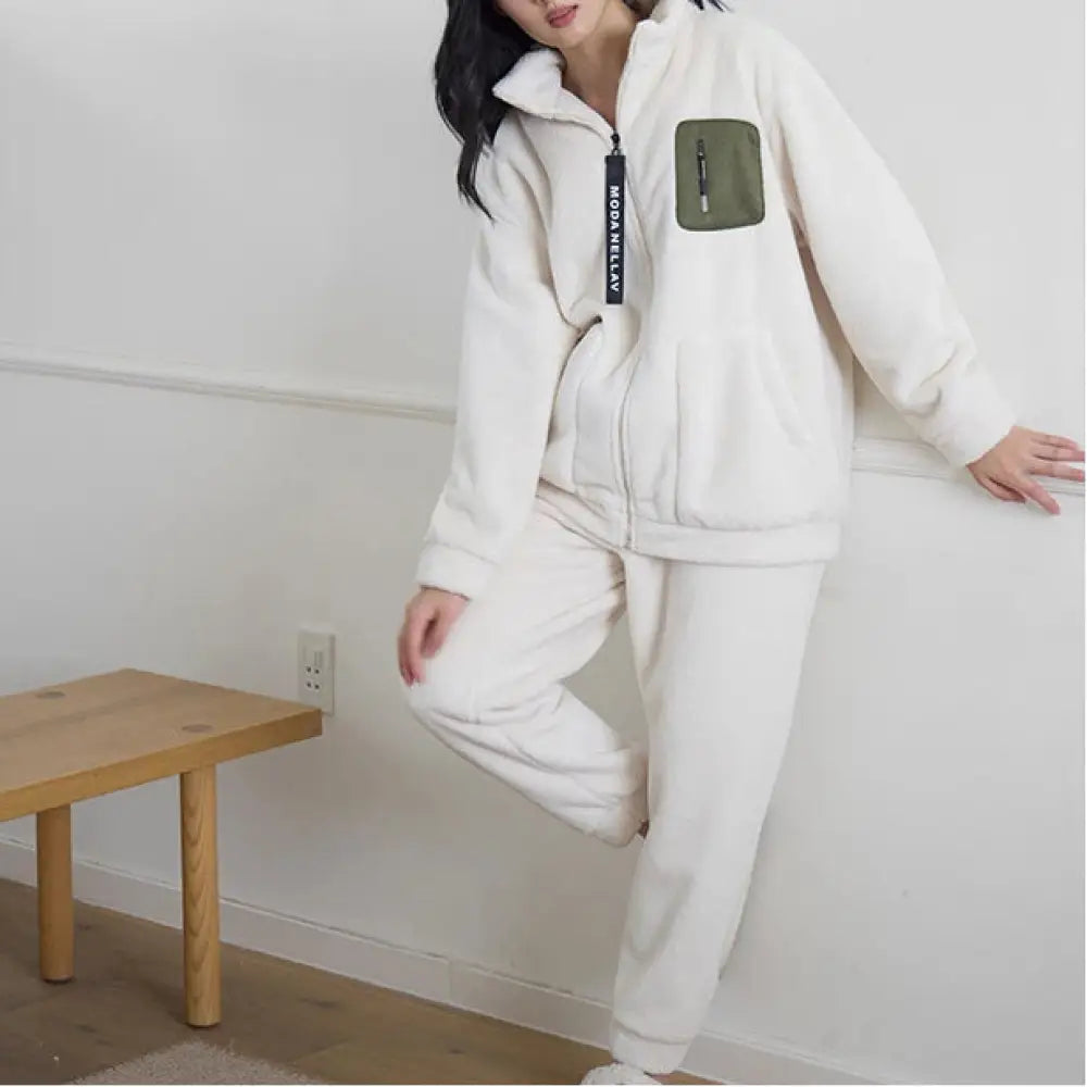 厚手 パジャマ カップル 保温 レディース 長袖 サンゴフリース ルームウェア メンズ ID3539 アイボリー / レディースＭ