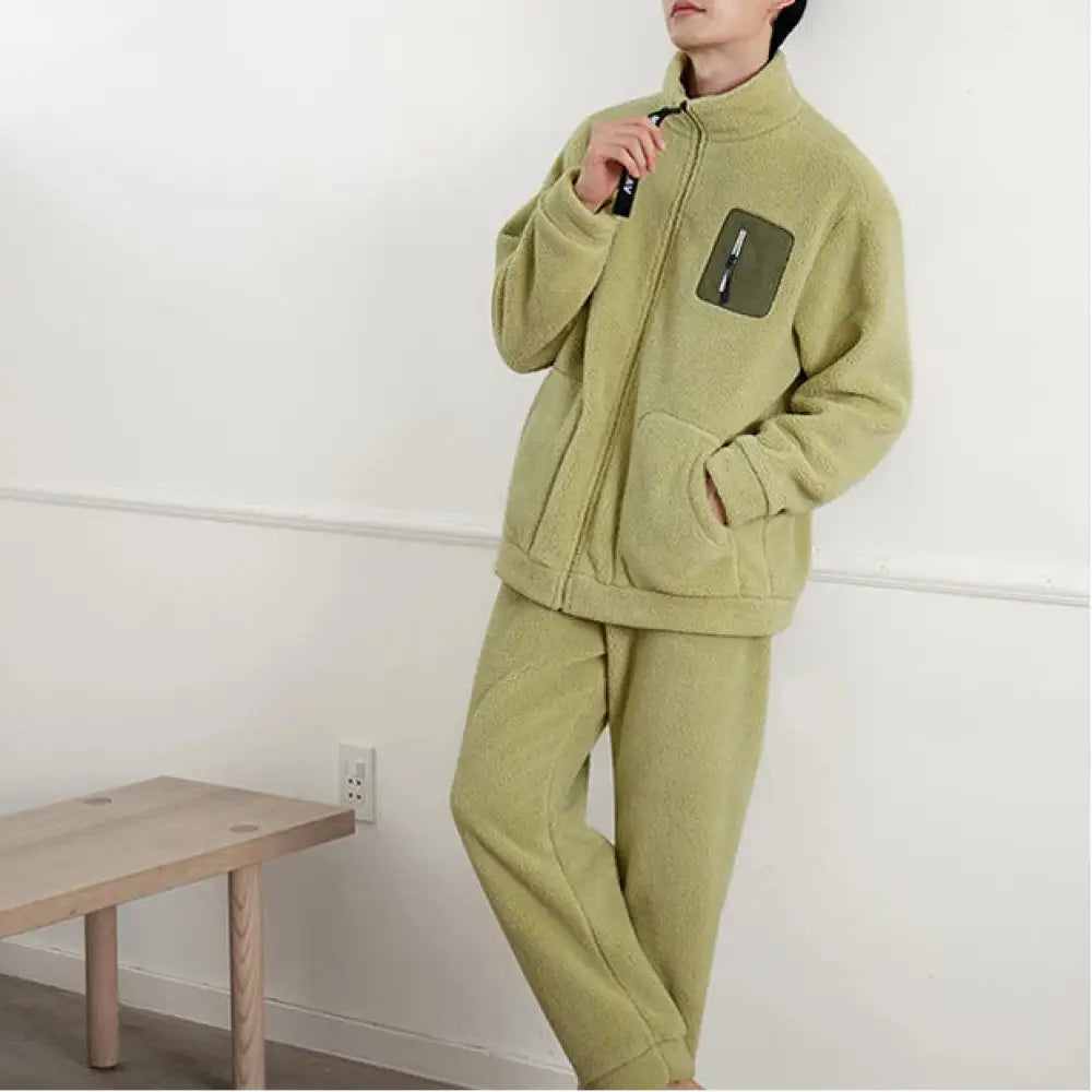 厚手 パジャマ カップル 保温 レディース 長袖 サンゴフリース ルームウェア メンズ ID3539 グリーン / メンズL