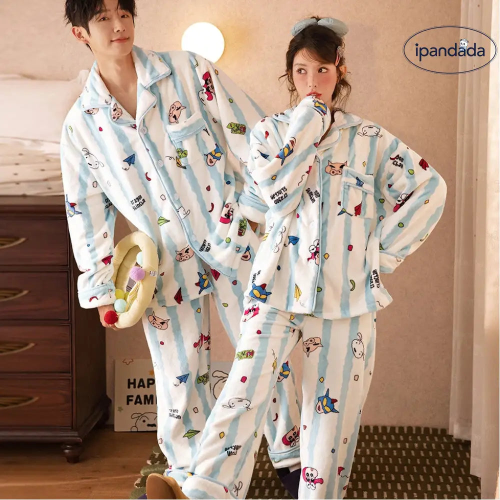 クレヨンしんちゃん コーラルフリース カップル パジャマ レディース ストライプ キャラクター ルームウェア セット メンズ 冬 保温 ふわふわ 可愛い ID3046