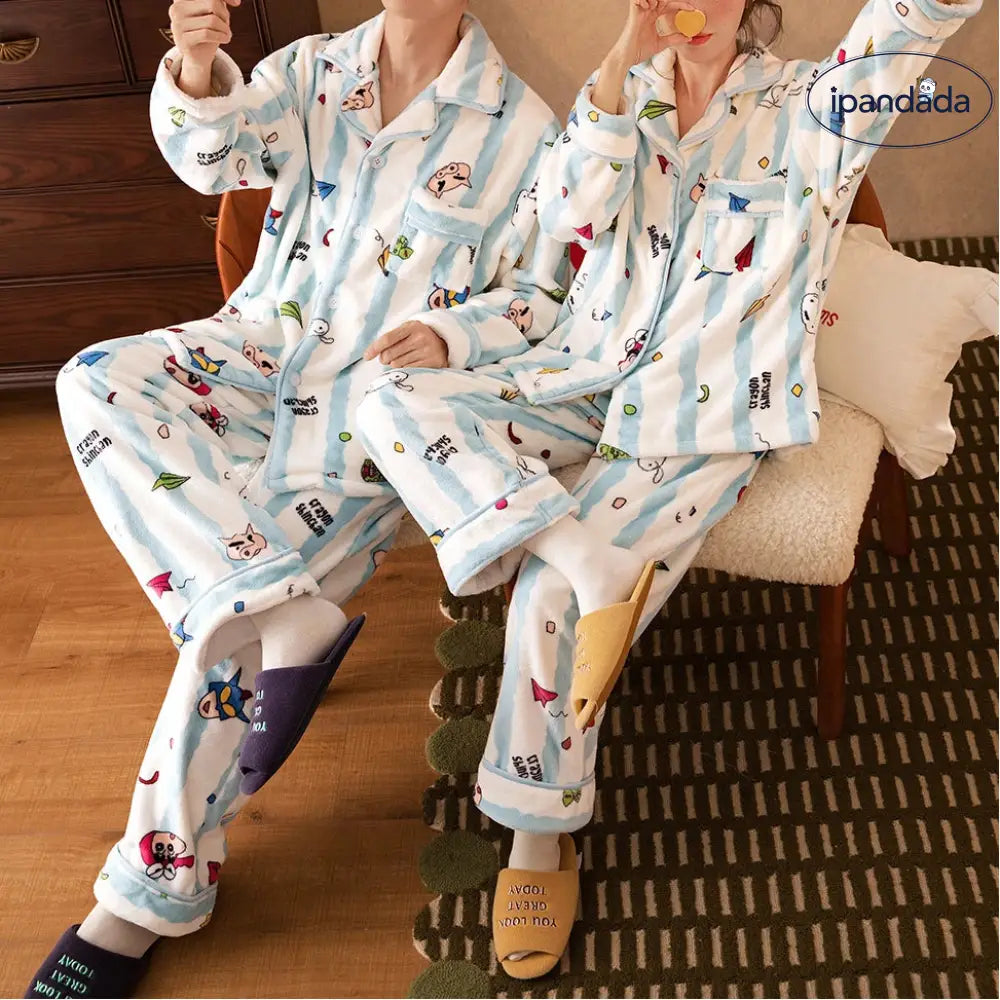 クレヨンしんちゃん コーラルフリース カップル パジャマ レディース ストライプ キャラクター ルームウェア セット メンズ 冬 保温 ふわふわ 可愛い ID3046