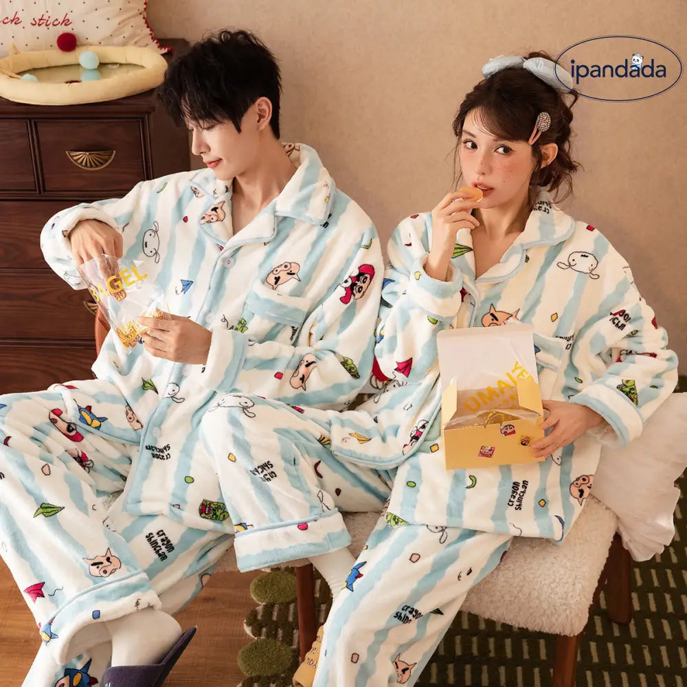 クレヨンしんちゃん コーラルフリース カップル パジャマ レディース ストライプ キャラクター ルームウェア セット メンズ 冬 保温 ふわふわ 可愛い ID3046