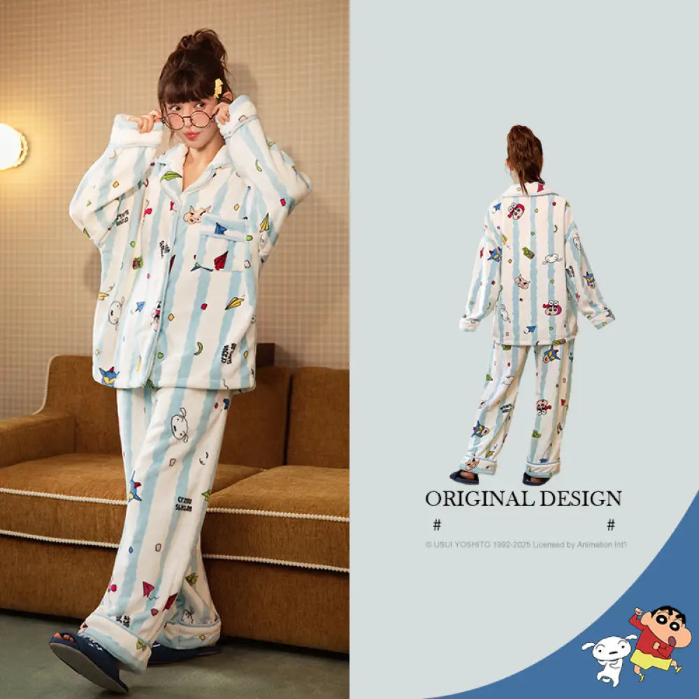 クレヨンしんちゃん コーラルフリース カップル パジャマ レディース ストライプ キャラクター ルームウェア セット メンズ 冬 保温 ふわふわ 可愛い ID3046 写真通り / レディースＭ