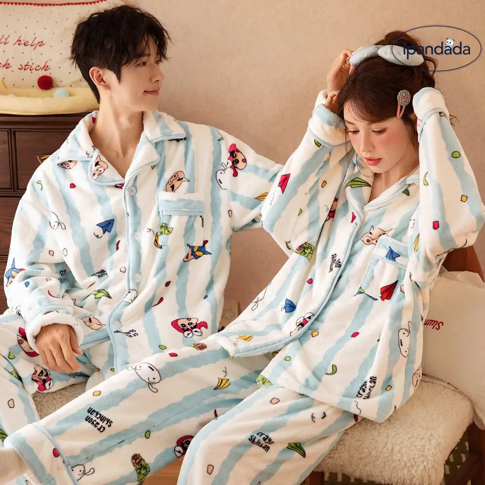 クレヨンしんちゃん コーラルフリース カップル パジャマ レディース ストライプ キャラクター ルームウェア セット メンズ 冬 保温 ふわふわ 可愛い ID3046