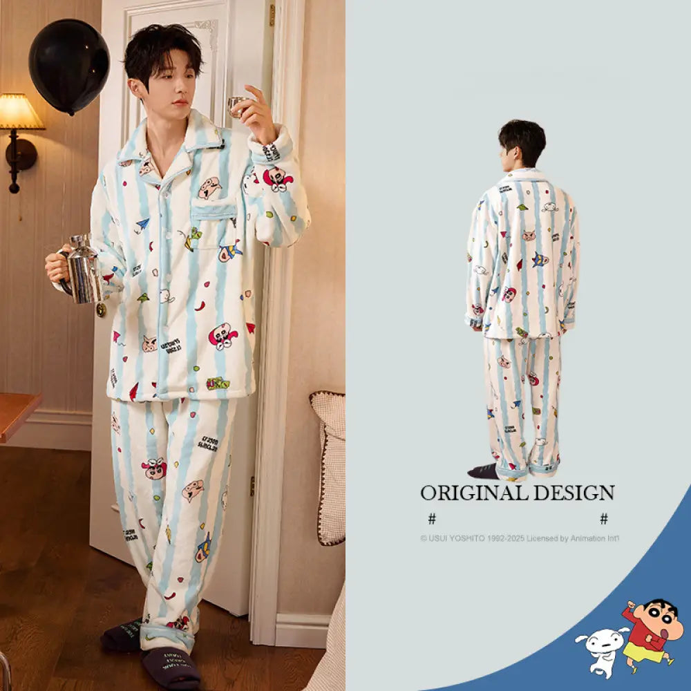 クレヨンしんちゃん コーラルフリース カップル パジャマ レディース ストライプ キャラクター ルームウェア セット メンズ 冬 保温 ふわふわ 可愛い ID3046 写真通り / メンズL