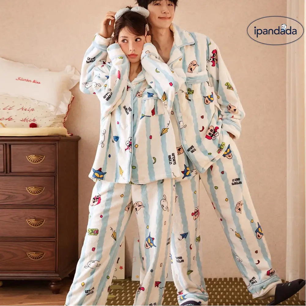 クレヨンしんちゃん コーラルフリース カップル パジャマ レディース ストライプ キャラクター ルームウェア セット メンズ 冬 保温 ふわふわ 可愛い ID3046