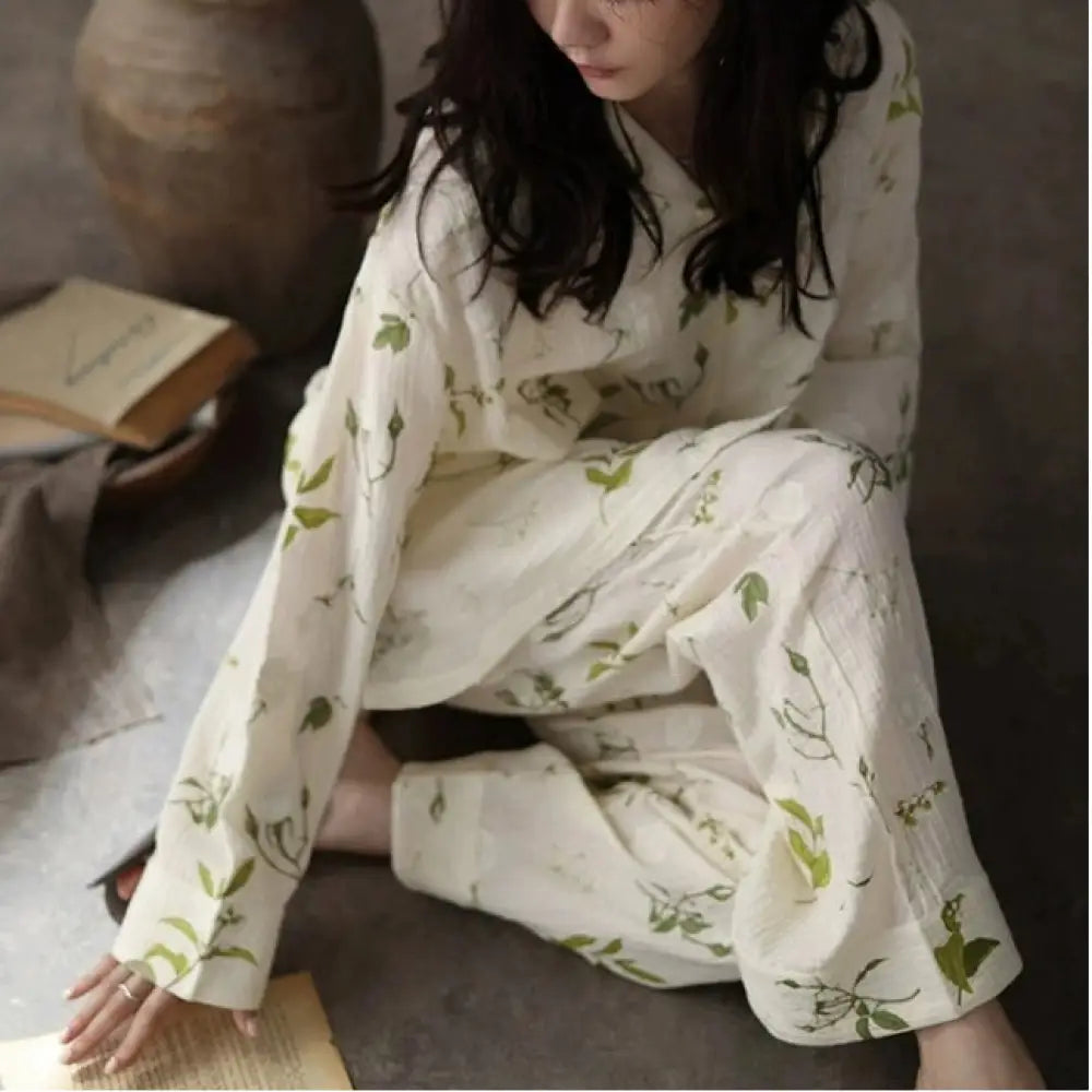 カーディガンパジャマセット レディース 長袖 外出着用可 綿麻混 ゆったり ルームウェア カーディガンパジャマ 春・秋用 ゆったり ID1979