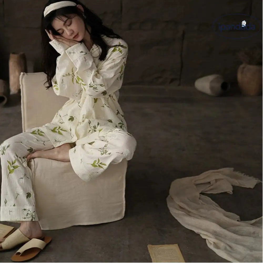 カーディガンパジャマセット レディース 長袖 外出着用可 綿麻混 ゆったり ルームウェア カーディガンパジャマ 春・秋用 ゆったり ID1979