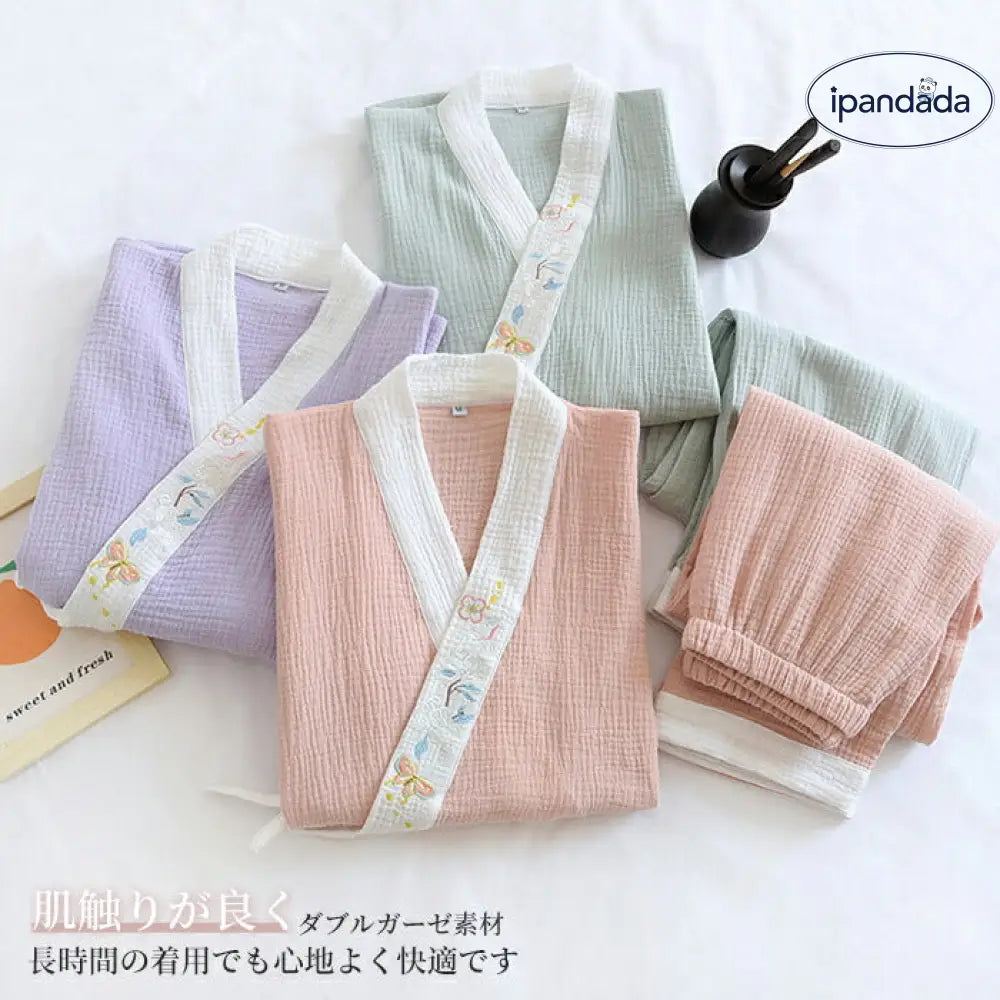 敬老の日 パジャマ ナイトウェア ルームウェア レディース Vネック ダブルガーゼ セットアップ 綿 長ズボン 長袖 ロングパンツ  2重ガーゼ 寝巻き 部屋着 ウエストゴム 春 夏 秋 冬 ゆったり カジュアル 女性用 入院 無地 ID2014