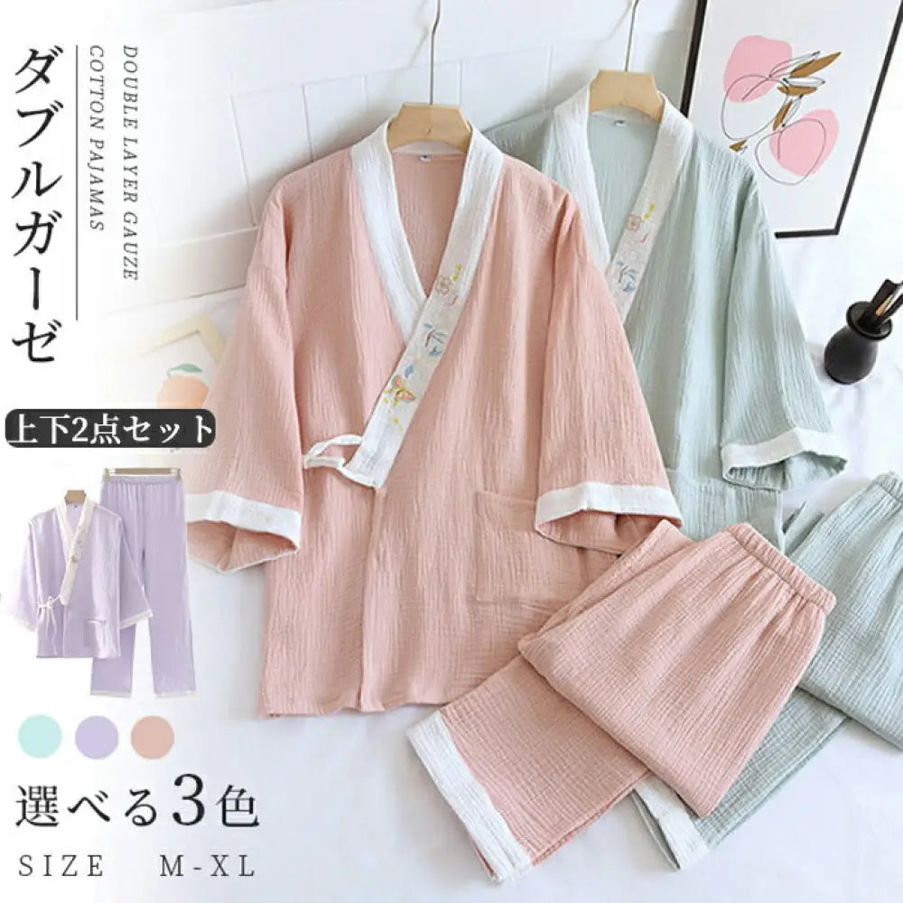 敬老の日 パジャマ ナイトウェア ルームウェア レディース Vネック ダブルガーゼ セットアップ 綿 長ズボン 長袖 ロングパンツ  2重ガーゼ 寝巻き 部屋着 ウエストゴム 春 夏 秋 冬 ゆったり カジュアル 女性用 入院 無地 ID2014