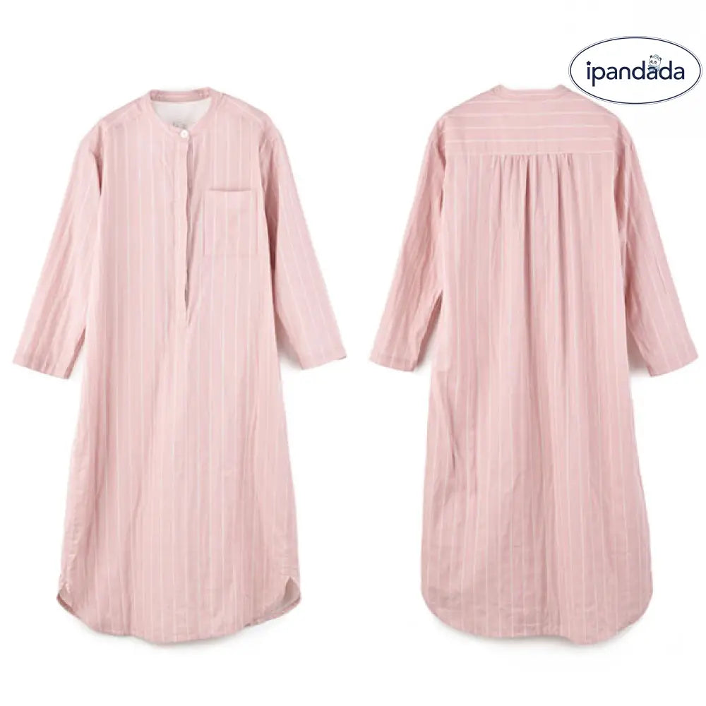 パジャマ ルームウェア ガーゼ ワンピース レディース 長袖 ナイトウエア ラウンドネック ルームワンピース ダブルガーゼ インナー 綿100% 寝間着 部屋着 寝間着 ストライプ ゆったり リラックス 太め 快適 快眠 通気性 汗取り 敏感肌 ID1947