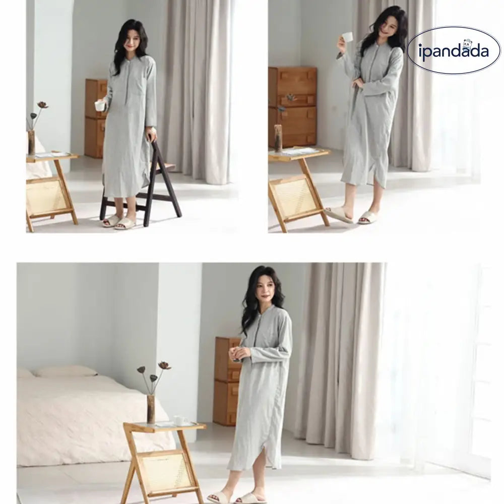 パジャマ ルームウェア ガーゼ ワンピース レディース 長袖 ナイトウエア ラウンドネック ルームワンピース ダブルガーゼ インナー 綿100% 寝間着 部屋着 寝間着 ストライプ ゆったり リラックス 太め 快適 快眠 通気性 汗取り 敏感肌 ID1947