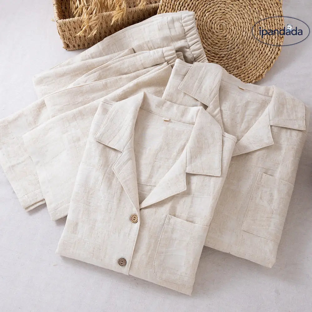 シンプル 無地 リネン パジャマ カップル用 春・夏用 薄手 メンズ＆レディース カップル ルームウェアセット 外出着用可 長袖 ID1933