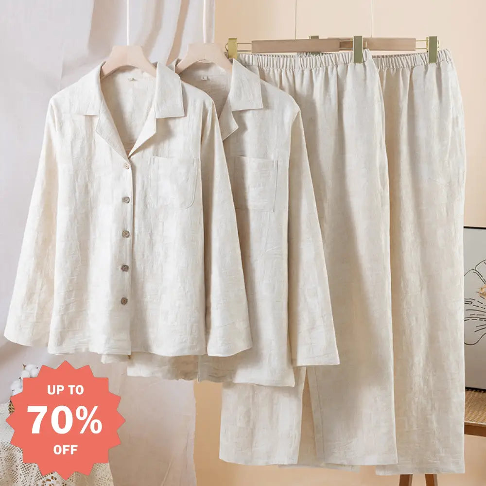 シンプル 無地 リネン パジャマ カップル用 春・夏用 薄手 メンズ＆レディース カップル ルームウェアセット 外出着用可 長袖 ID1933