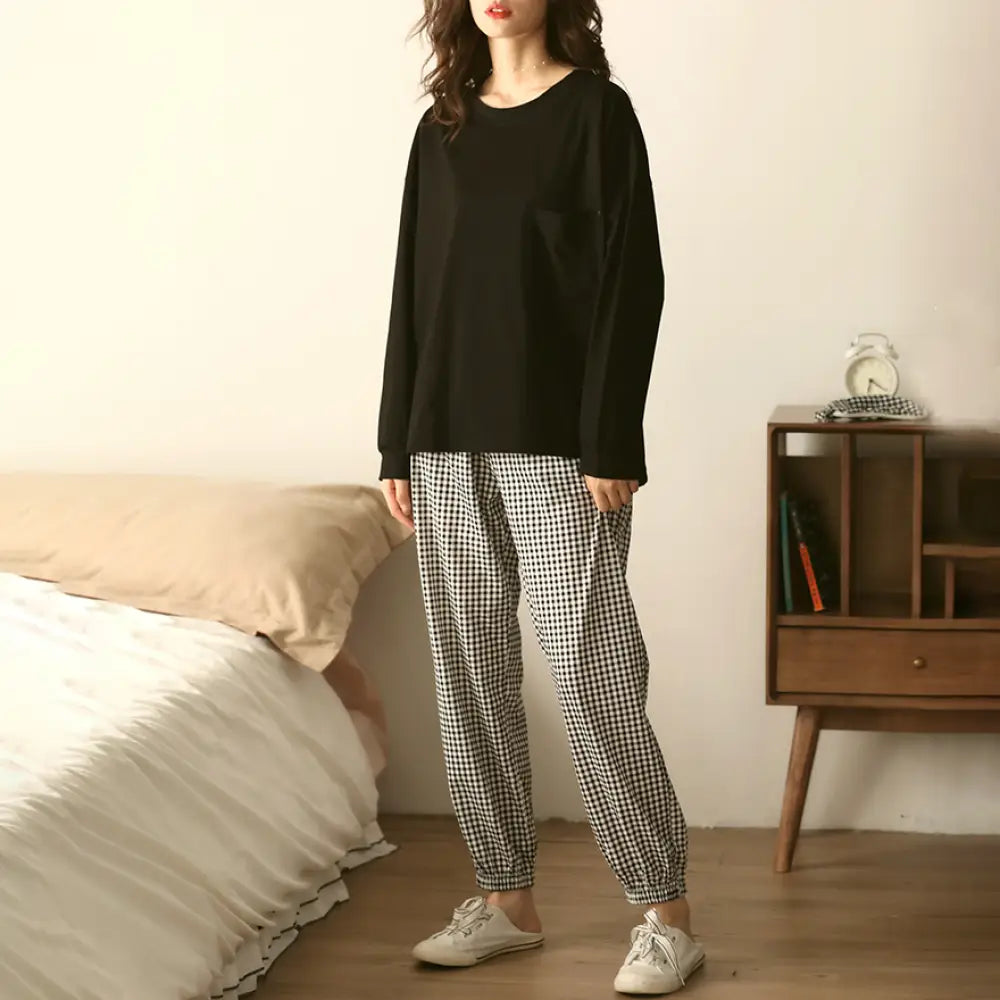 新作 レディース パジャマ 春秋用 綿100% 薄手 長袖 ラウンドネック チェック柄 グレー 無地 ルームウェア 2点セット ID2200