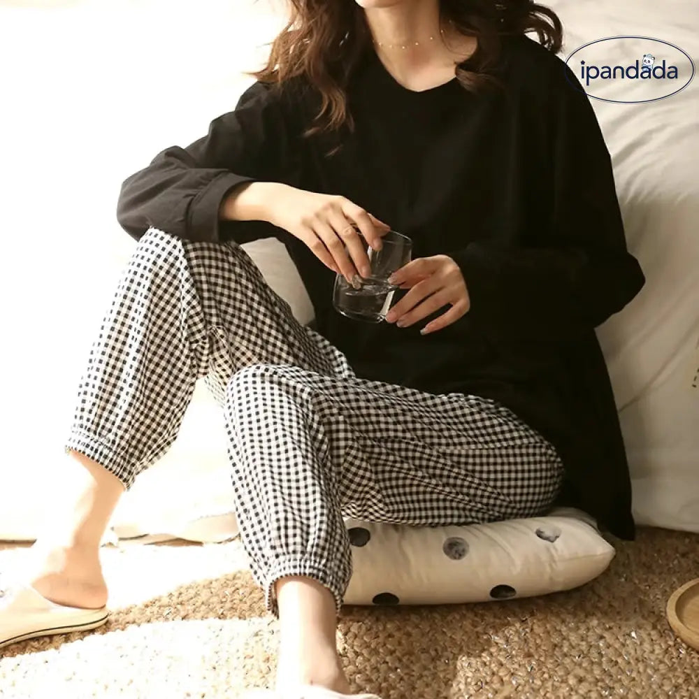 新作 レディース パジャマ 春秋用 綿100% 薄手 長袖 ラウンドネック チェック柄 グレー 無地 ルームウェア 2点セット ID2200