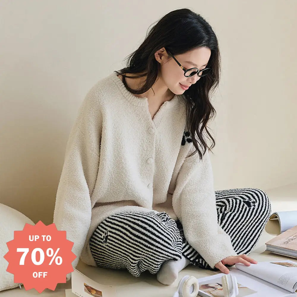 【ギフト】カジュアル カーディガン フリース パジャマ 女性用 かわいい 可愛い 秋 冬 新作 ルームウェア ストライプ ロング パンツ 2点セット ID3772 レディース＞セットアップ