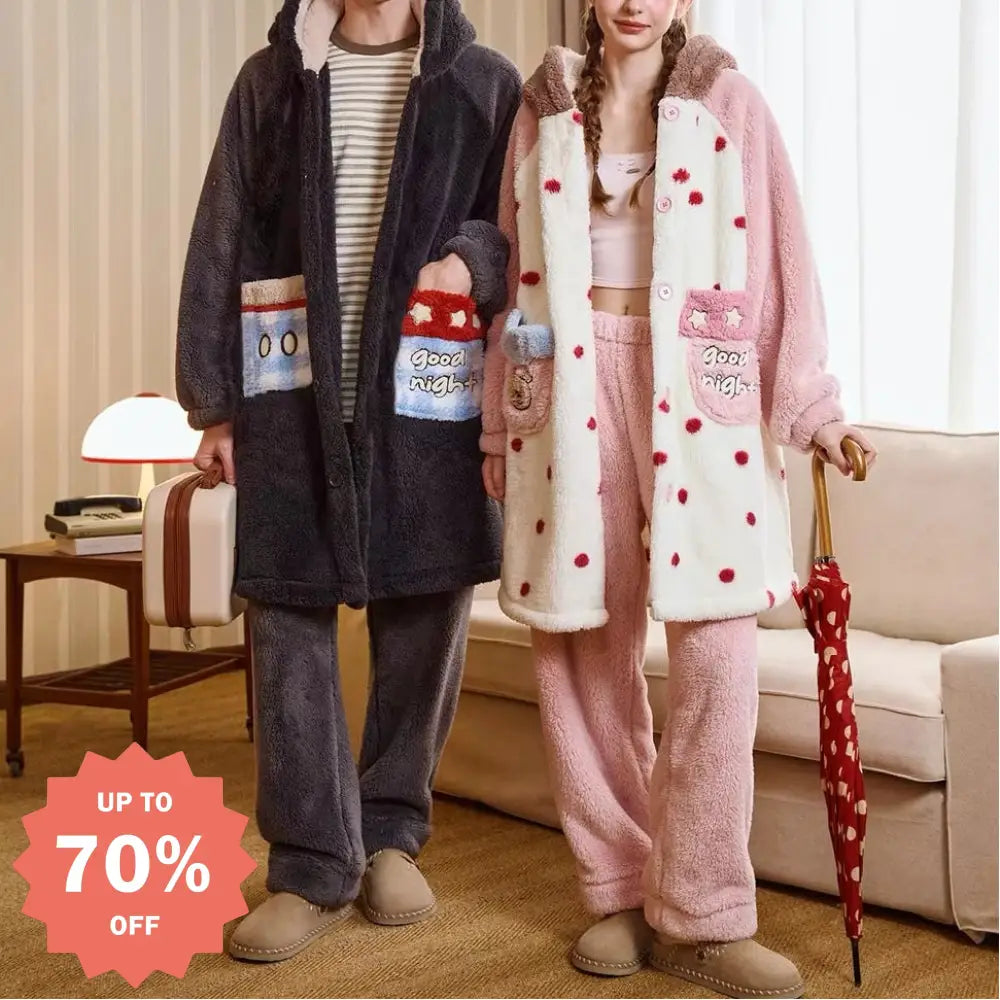 カップル パジャマ 冬用 コーラル フリース 保温 新作 厚手 レディース 部屋着 メンズ キャラクター フード付き 二点セット ID3189