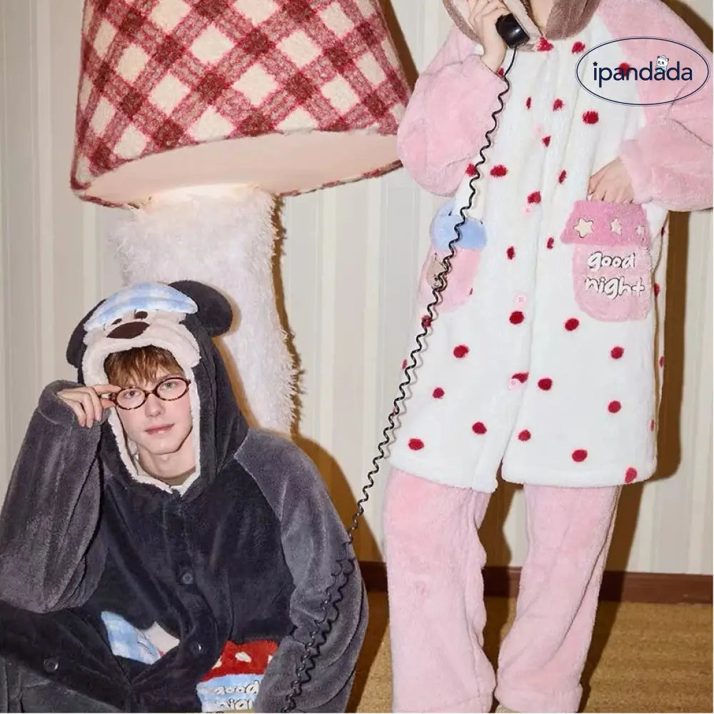 カップル パジャマ 冬用 コーラル フリース 保温 新作 厚手 レディース 部屋着 メンズ キャラクター フード付き 二点セット ID3189