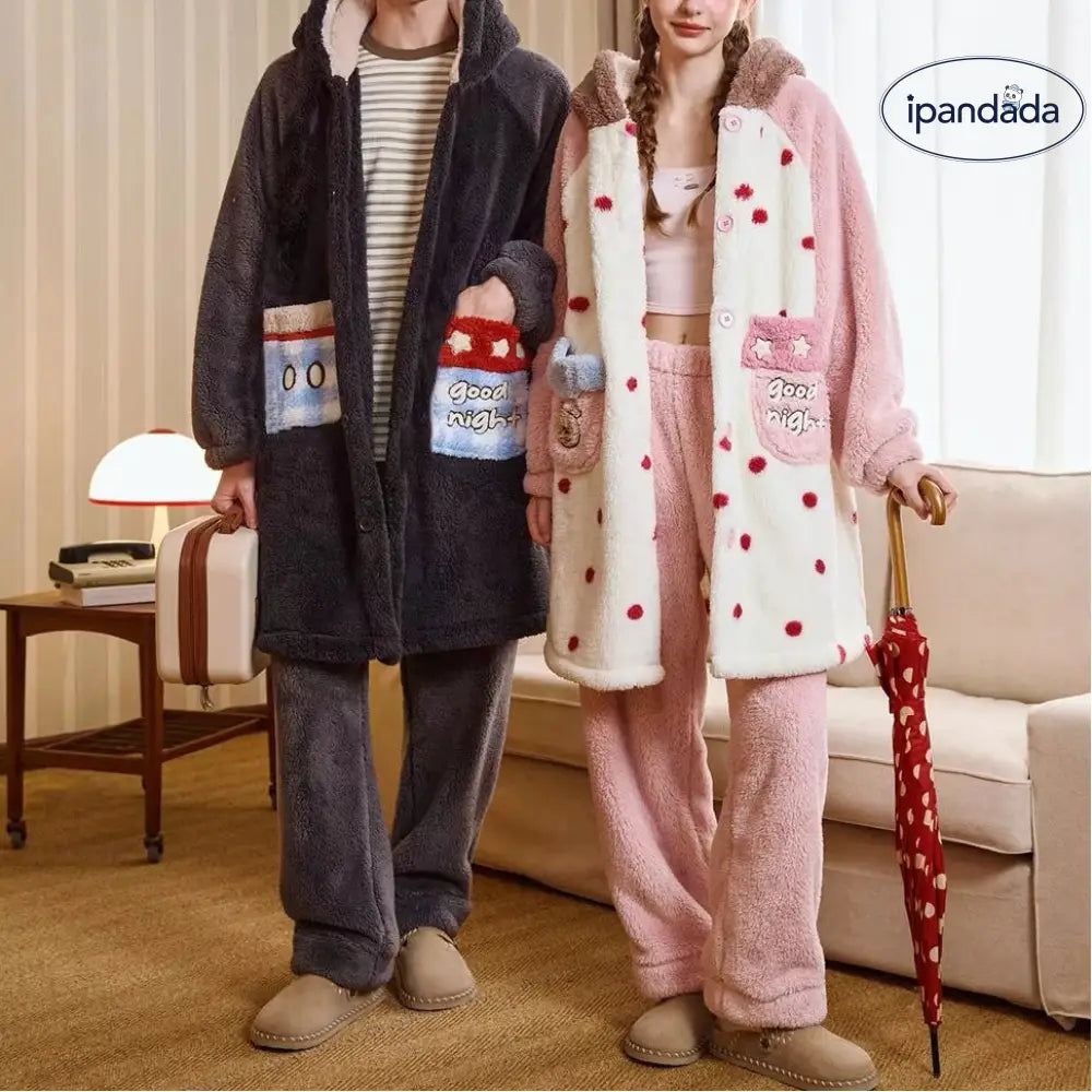 カップル パジャマ 冬用 コーラル フリース 保温 新作 厚手 レディース 部屋着 メンズ キャラクター フード付き 二点セット ID3189