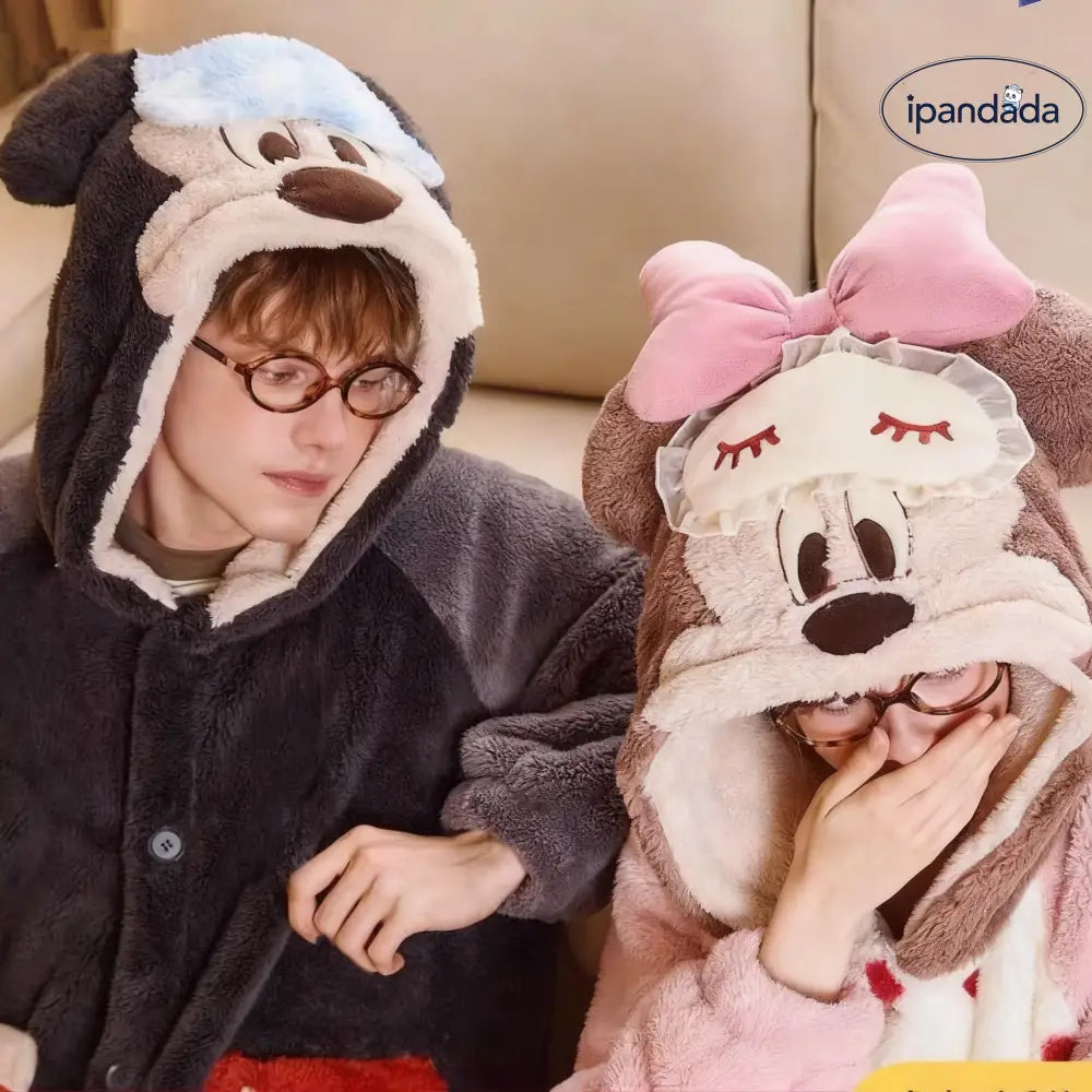 カップル パジャマ 冬用 コーラル フリース 保温 新作 厚手 レディース 部屋着 メンズ キャラクター フード付き 二点セット ID3189
