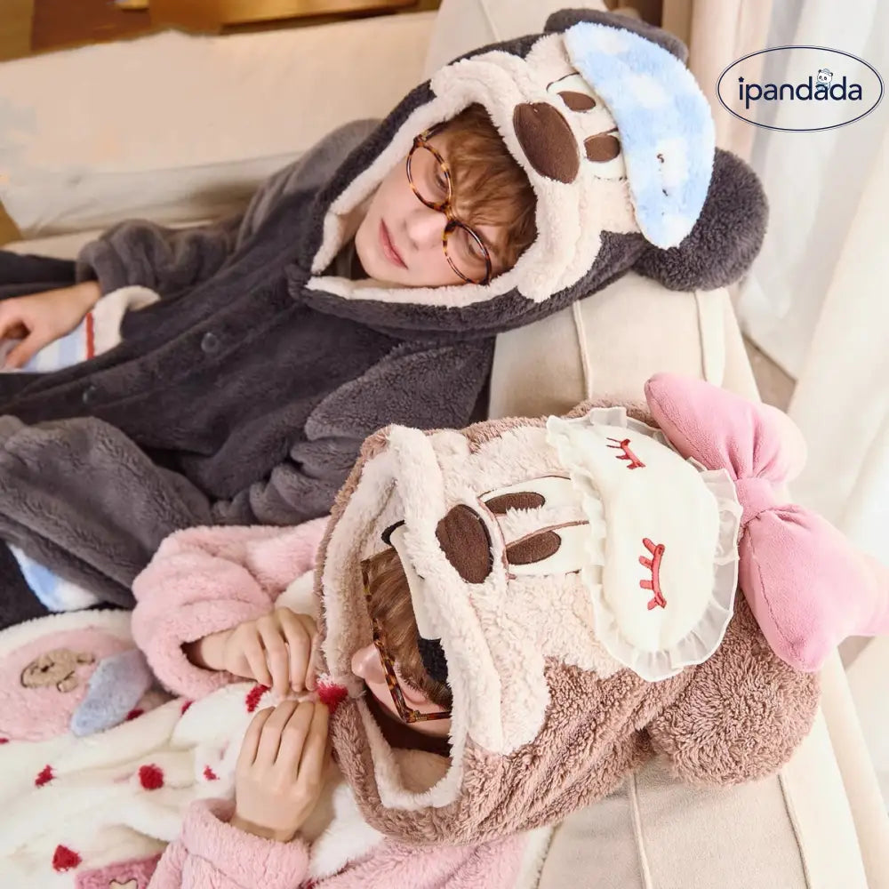 カップル パジャマ 冬用 コーラル フリース 保温 新作 厚手 レディース 部屋着 メンズ キャラクター フード付き 二点セット ID3189