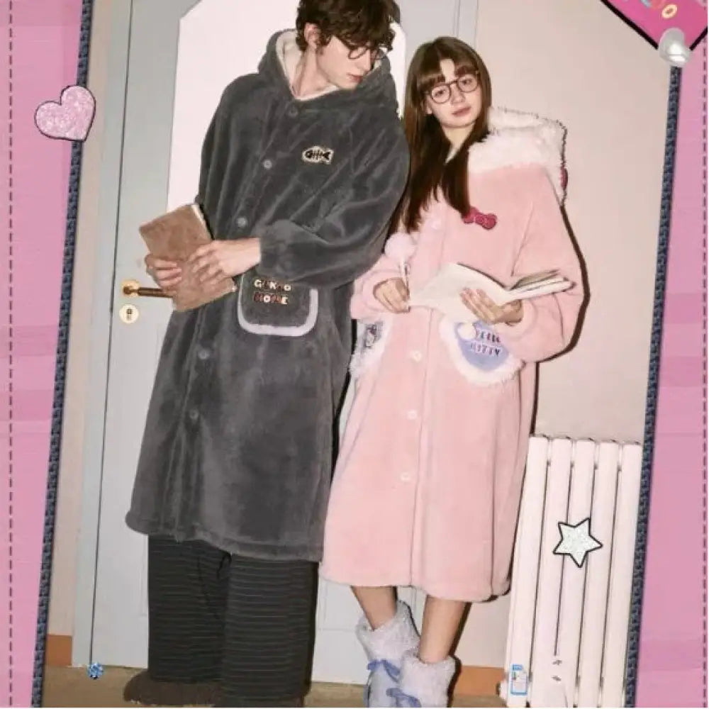 カップル パジャマ 冬用 新作 フリース 可愛い キャラクター レディース 保温 バスローブ メンズ 部屋着 フード付き ID3182 グレー / S / バスローブ