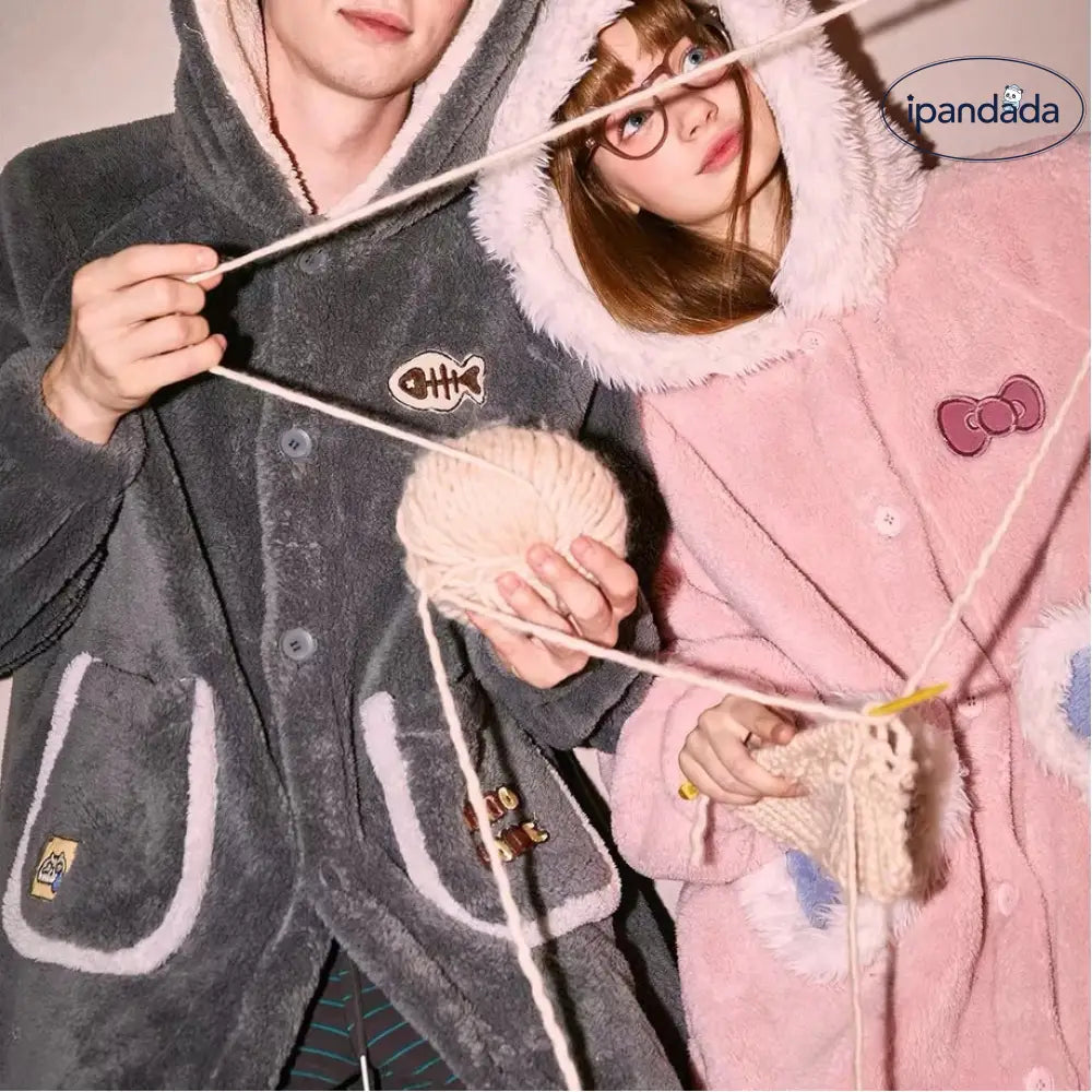 カップル パジャマ 冬用 新作 フリース 可愛い キャラクター レディース 保温 バスローブ メンズ 部屋着 フード付き ID3182