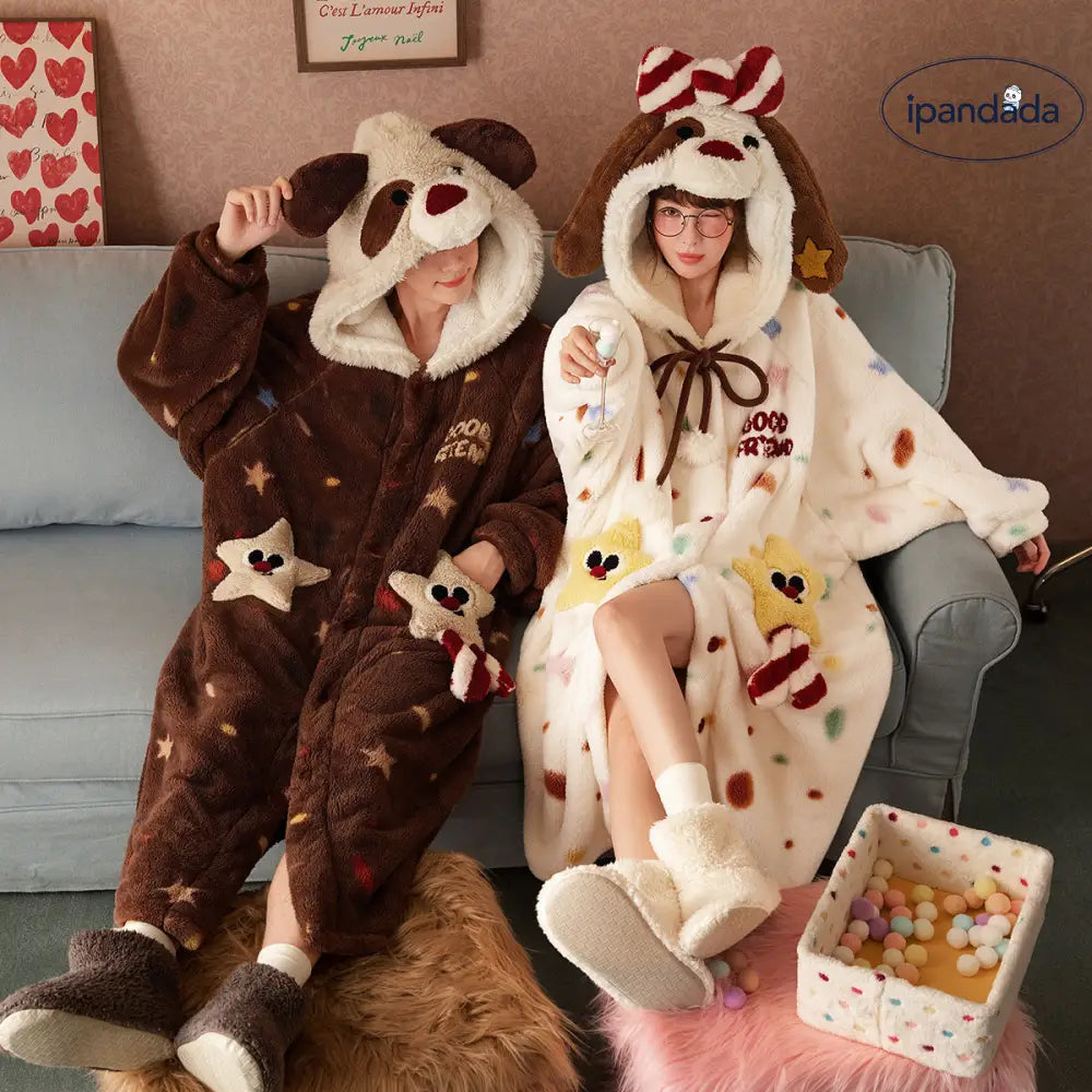 カップル パジャマ クリスマス ギフト 冬 もこもこ 加厚 フード付き 犬デザイン 男女兼用 ロング丈 ルームウェア 部屋着 可愛い お揃い ギフトにも最適 ID3341