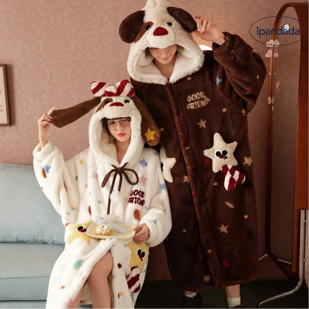 カップル パジャマ クリスマス ギフト 冬 もこもこ 加厚 フード付き 犬デザイン 男女兼用 ロング丈 ルームウェア 部屋着 可愛い お揃い ギフトにも最適 ID3341
