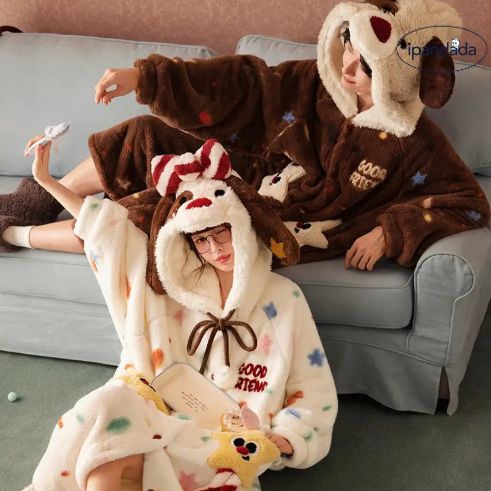 カップル パジャマ クリスマス ギフト 冬 もこもこ 加厚 フード付き 犬デザイン 男女兼用 ロング丈 ルームウェア 部屋着 可愛い お揃い ギフトにも最適 ID3341