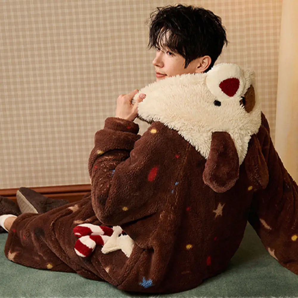 カップル パジャマ クリスマス ギフト 冬 もこもこ 加厚 フード付き 犬デザイン 男女兼用 ロング丈 ルームウェア 部屋着 可愛い お揃い ギフトにも最適 ID3341