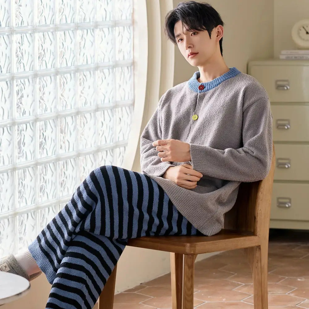 カップル用 パジャマ ペア お揃い 暖かい 長袖 冬用 レディース ルームウェア 保温 カジュアル 厚手 メンズ セットアップ ID3856 タイプ② / メンズL コーディネート＞ペアルック