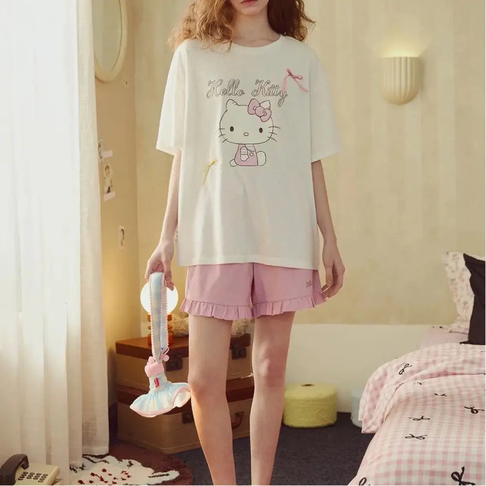 かわいい キティ レース 半袖 ショートパンツ セット 人気 パジャマ ルームウェア レディース ID4828 - ホワイト / S