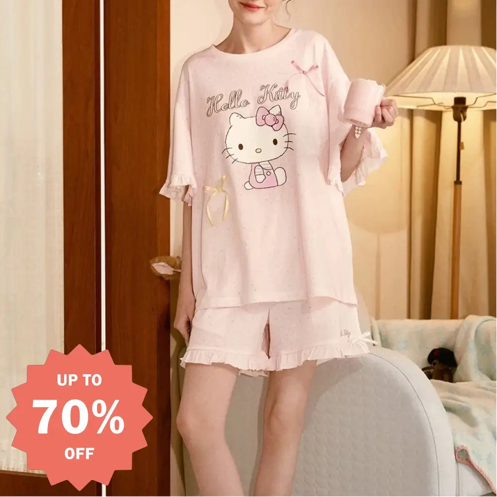 かわいい キティ レース 半袖 ショートパンツ セット 人気 パジャマ ルームウェア レディース ID4828 - ピンク / S
