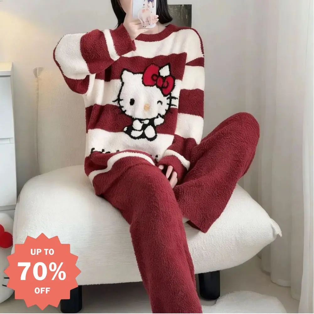 かわいい ストライプ KTキャット フリース パジャマ レディース 秋冬 厚手 保温 ふわふわ セットアップ ID3779 ホワイト / フリー