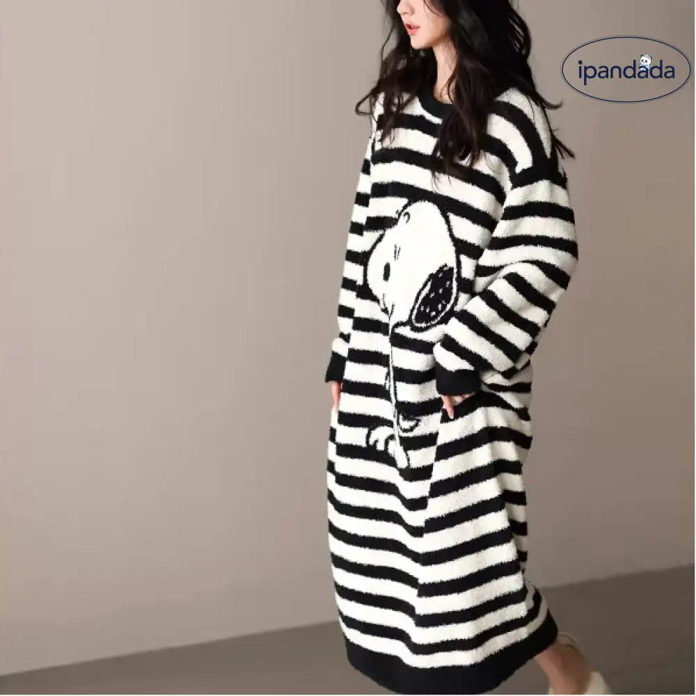 コーラルフリース パジャマ レディース 秋冬用 ストライプ かわいい スヌーピー 保温 厚手 ワンピース ID3602