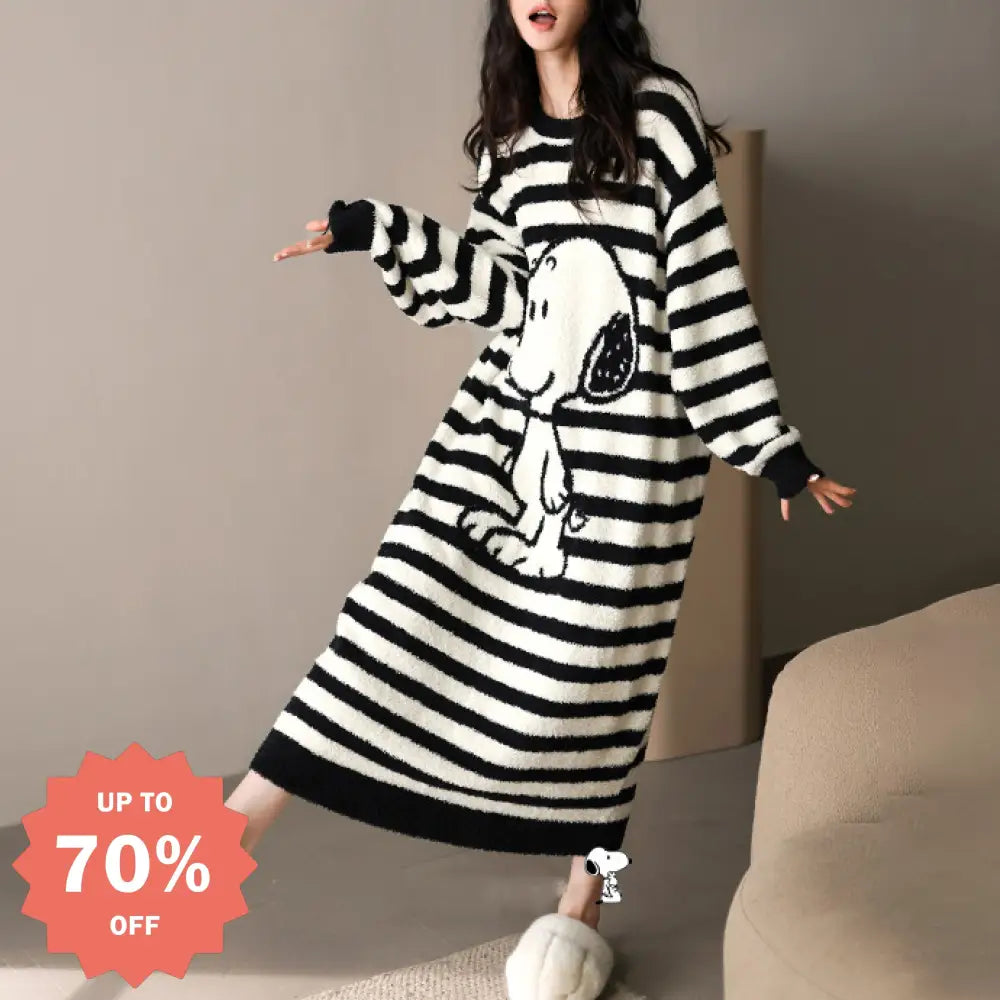 コーラルフリース パジャマ レディース 秋冬用 ストライプ かわいい スヌーピー 保温 厚手 ワンピース ID3602 写真通り / M