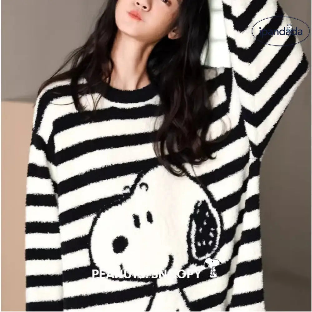 コーラルフリース パジャマ レディース 秋冬用 ストライプ かわいい スヌーピー 保温 厚手 ワンピース ID3602