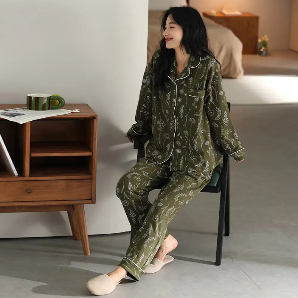 コットン パジャマ レディース 秋冬 長袖 ロングパンツ カーディガン 女性 カジュアル ルームウェア ID3912 タイプ⑤ / M