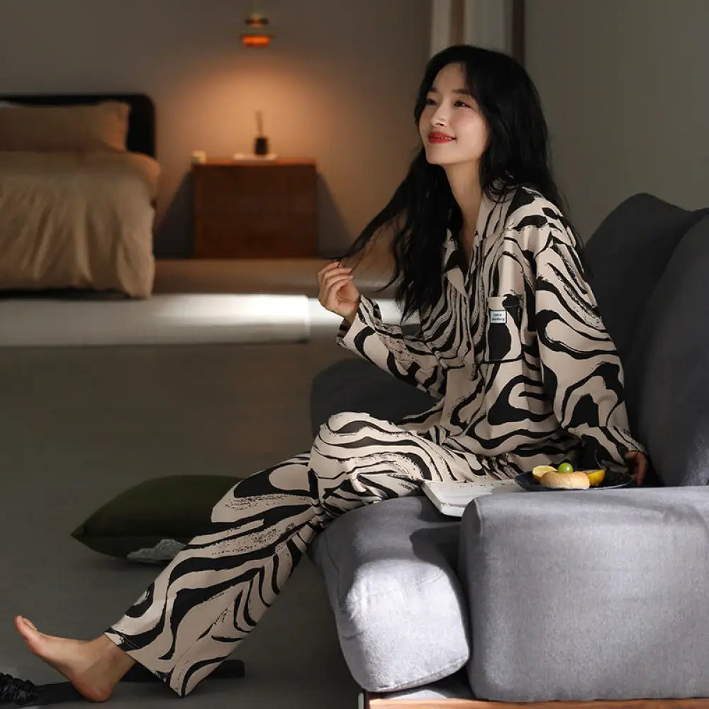 コットン パジャマ レディース 秋冬 長袖 ロングパンツ カーディガン 女性 カジュアル ルームウェア ID3912 タイプ① / M