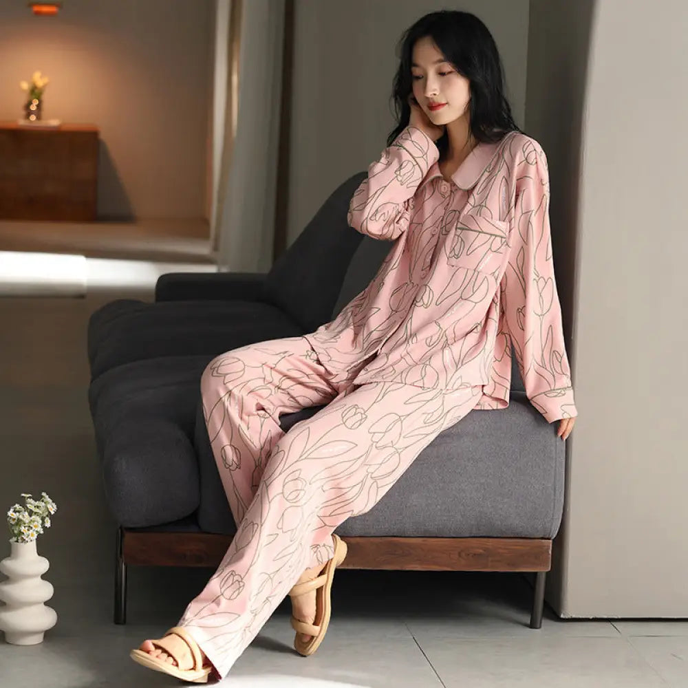コットン パジャマ レディース 秋冬 長袖 ロングパンツ カーディガン 女性 カジュアル ルームウェア ID3912 タイプ⑨ / M