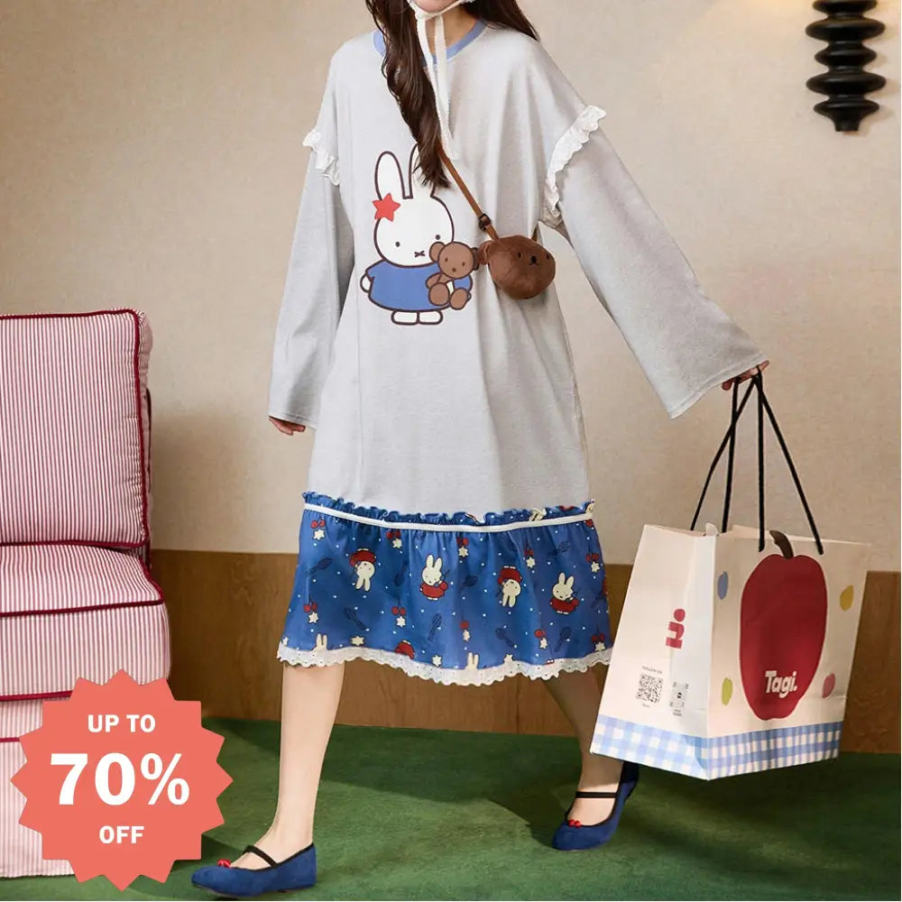 【ギフト】ミッフィー ネグリジェ ワンピース 配色 レディース 長袖 かわいい キャラクター 春秋 夏 冷房対策 柔らか 肌触り フリル レース ガーリー フェミニン ルームウェア 部屋着 ワンピース おしゃれ リラックス ギフト