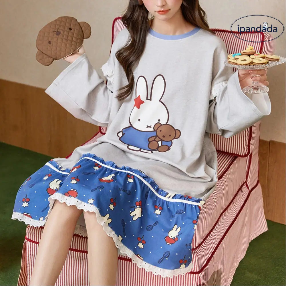 【ギフト】ミッフィー ネグリジェ ワンピース 配色 レディース 長袖 かわいい キャラクター 春秋 夏 冷房対策 柔らか 肌触り フリル レース ガーリー フェミニン ルームウェア 部屋着 ワンピース おしゃれ リラックス ギフト