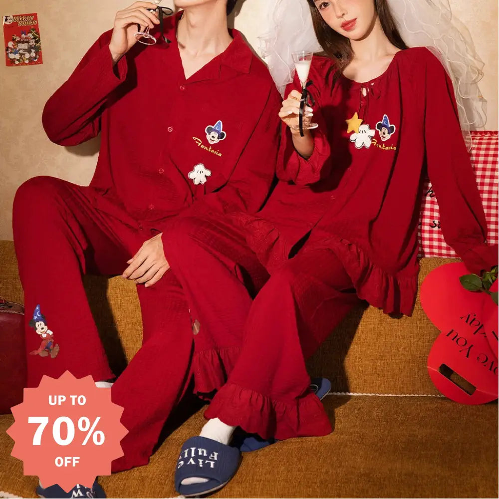 ミッキー レッド カップルパジャマ 春秋 長袖 長ズボン 新婚 ルームウェア ホームウェア 男女兼用 柔らか 軽い 肌触り抜群 プレゼント ID4157 コーディネート＞ペアルック