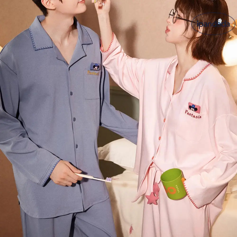 ミッキー 綿 カップル パジャマ セット 春秋 長袖 ルームウェア お揃い 部屋着 かわいい 2点セット ID4182