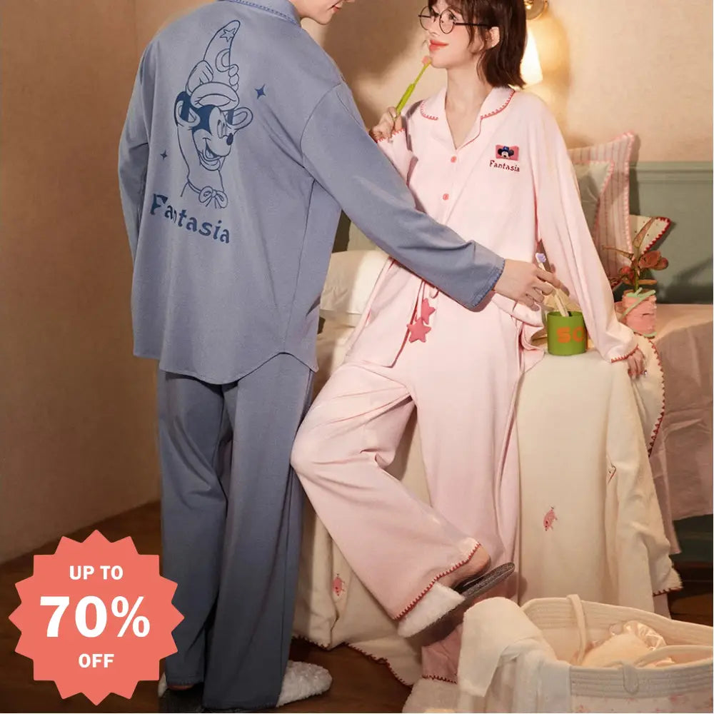 ミッキー 綿 カップル パジャマ セット 春秋 長袖 ルームウェア お揃い 部屋着 かわいい 2点セット ID4182