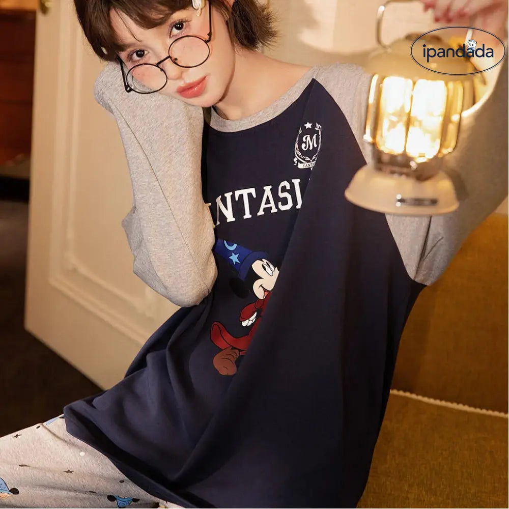 【ギフト】ミッキーマウス パジャマ レディース 春秋 長袖 バイカラー 配色デザイン コラボ かわいい キャラクター おしゃれ カジュアル 柔らか 肌触り 部屋着 ルームウェア セットアップ リラックス プレゼント ギフト ID4259